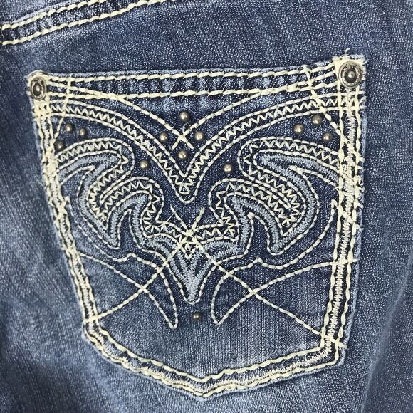 Cowgirl Up Jeans Western Bootcut Flare Blue 6 W29 Embellished Pockets Distress - Picture 9 of 10